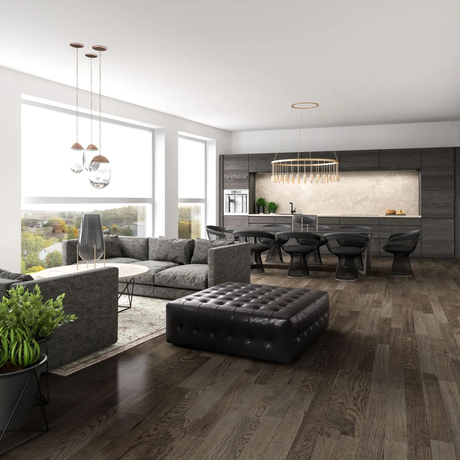Dark brown oak hardwood floor in an open-plan living and dining room