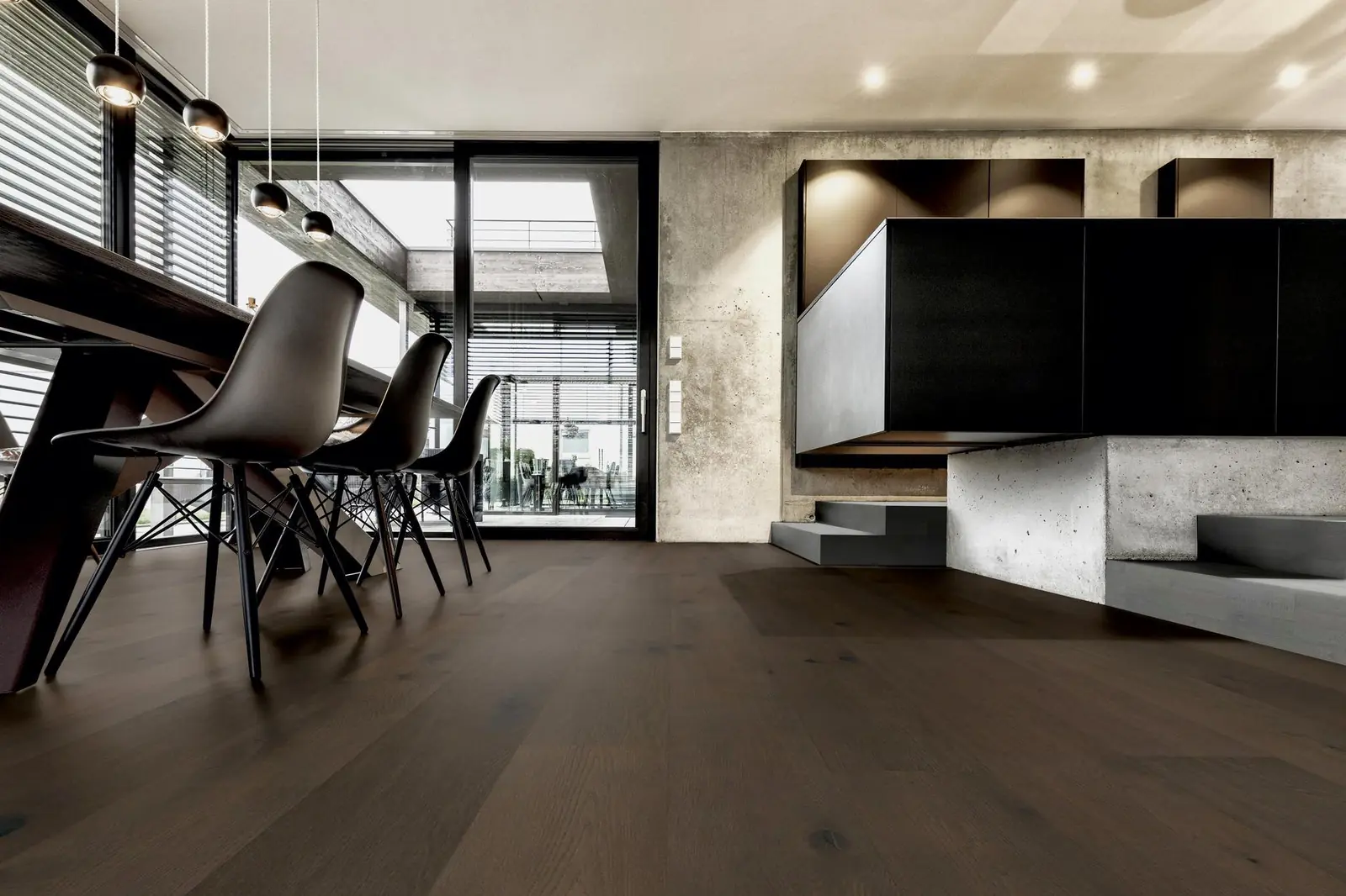 Oak hardwood floor refinished in a dark espresso stain