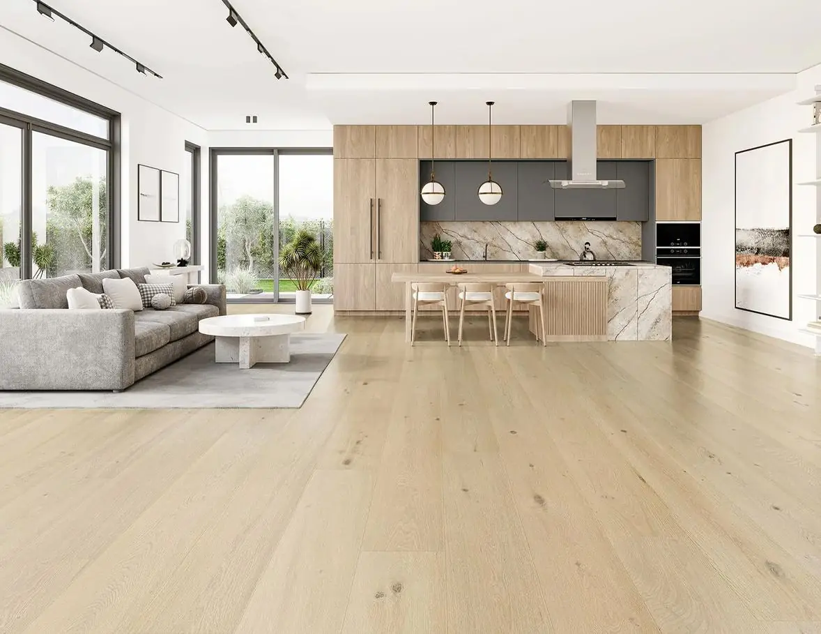 Light oak engineered hardwood flooring through an open kitchen and living room