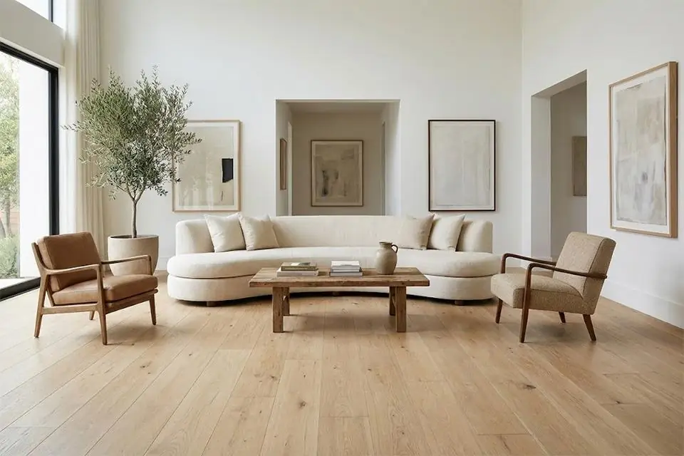 Natural oak hardwood floor in a calm living room with curved sofa